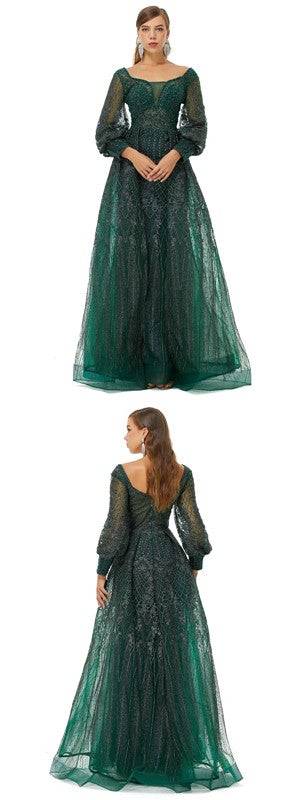 Green A-line Jewel Long Sleeves Prom Dresses Online, Evening Party Dresses,12779