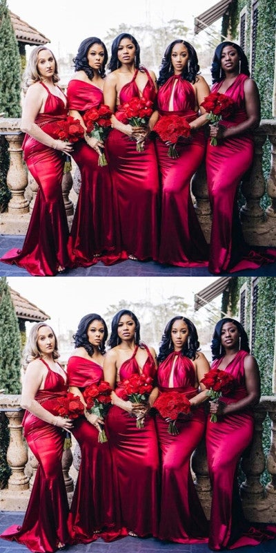 Multiway Red Mermaid V-neck Cheap Long Bridesmaid Dresses Online,WG1216