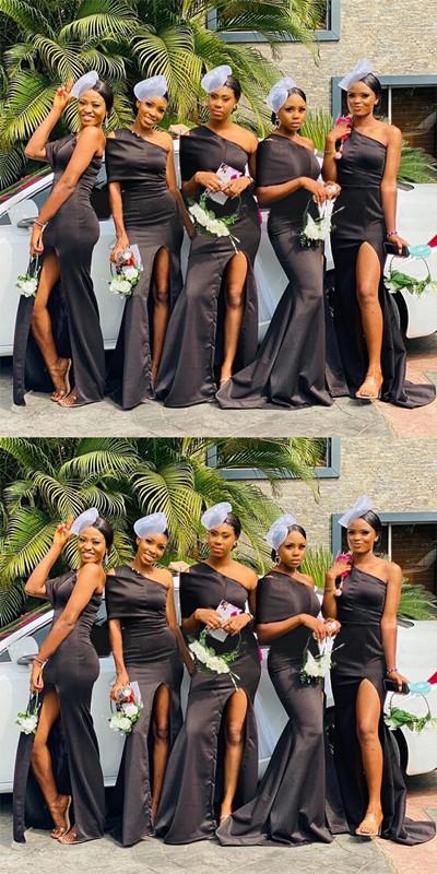 Simple Black Mermaid One Shoulder Side Slit Long Bridesmaid Dresses Online,WG1182