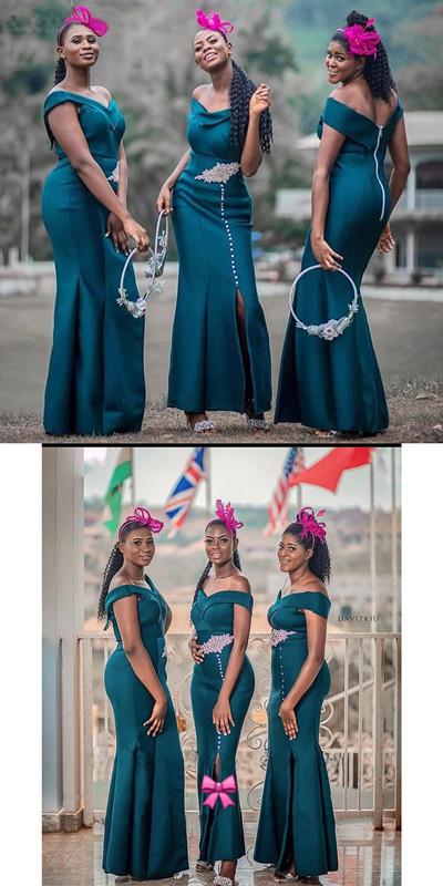 Teal Mermaid Off Shoulder Side Slit Cheap Long Bridesmaid Dresses Online,WG1181