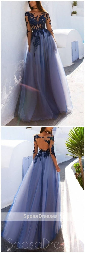 Sexy See Through Blue Lace Long Sleeve Open Back Custom Long Evening Prom Dresses, 17482