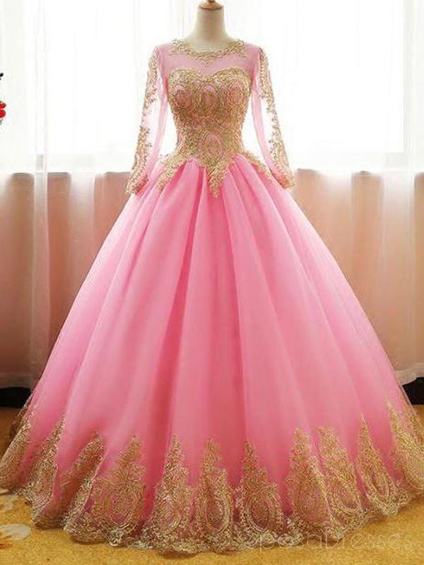 Long Sleeves Gold Lace Pink Skirt A-line Long Evening Prom Dresses, Cheap Sweet 16 Dresses, 18415