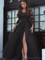 Long Sleeves Black Side Slit Long Evening Prom Dresses, Sweet 16 Prom Dresses, 12364
