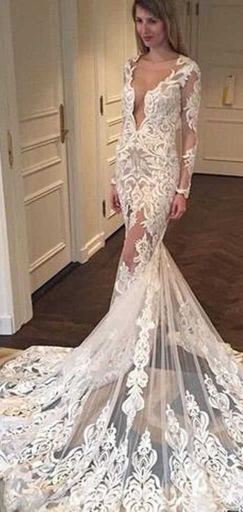 See Through Mermaid Long Sleeves V-neck Lace Wedding Dresses Online,WD741