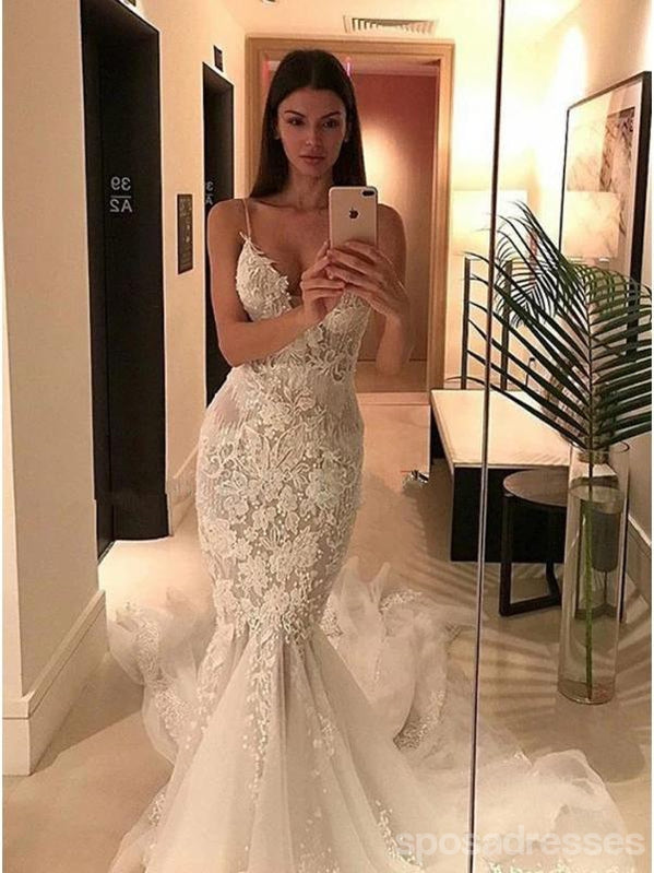 Sexy Mermaid V-neck Spaghetti Straps Handmade Lace Wedding Dresses,WD746