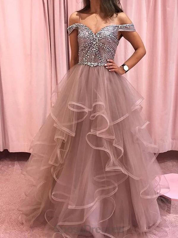 Off Shoulder Beaded Bodice Ruffle Skirt Long Evening Prom Dresses, Evening Party Prom Dresses, 12173