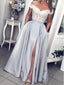 Off Shoulder Silver Grey Side Slit Evening Prom Dresses, Evening Party Prom Dresses, 12144