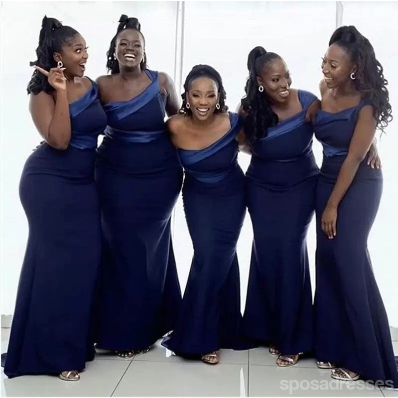 Navy Blue Mermaid One Shoulder Cheap Long Bridesmaid Dresses Online,WG1189