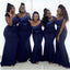 Navy Blue Mermaid One Shoulder Cheap Long Bridesmaid Dresses Online,WG1189