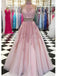 Sexy Halter Two Pieces Pink Lace Long Evening Prom Dresses, Cheap Custom Sweet 16 Dresses, 18538