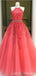 Floral Watermelon Red A-line Halter Sleevelesss Long Prom Dresses Online, Dance Dresses,12589