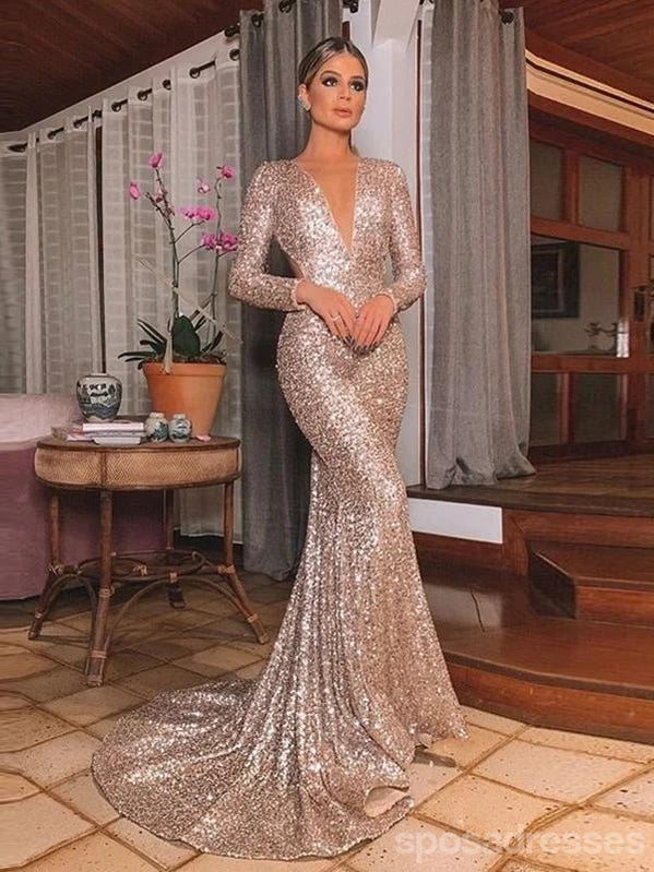 Sexy Mermaid Champagne Long Sleeves V-neck Cheap Prom Dresses Online,12585