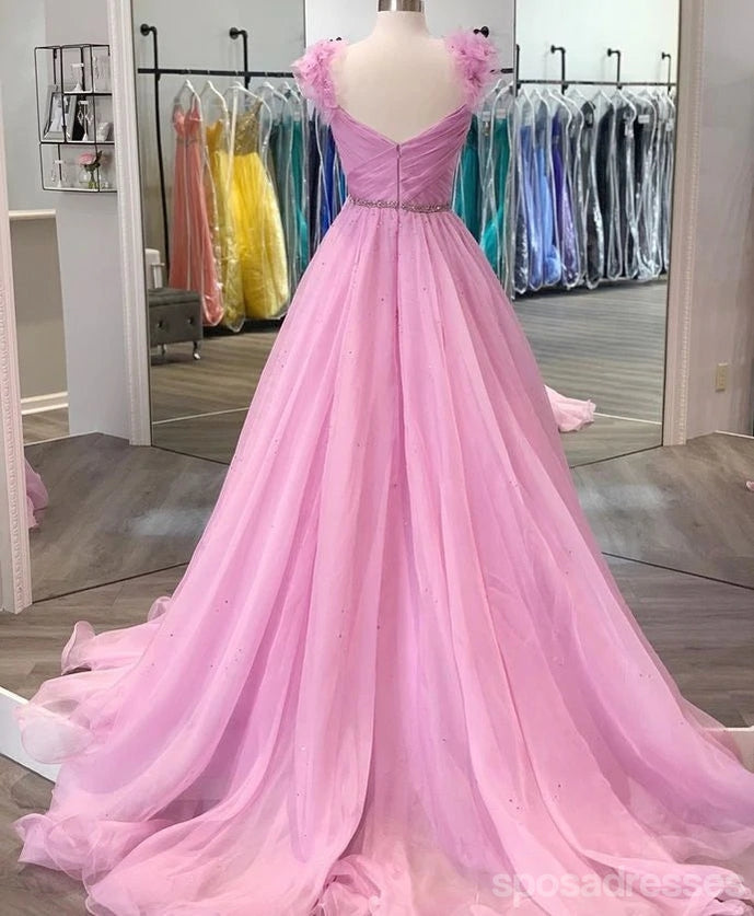 Simple Pink A-line V-neck Cheap Long Prom Dresses Online,12817