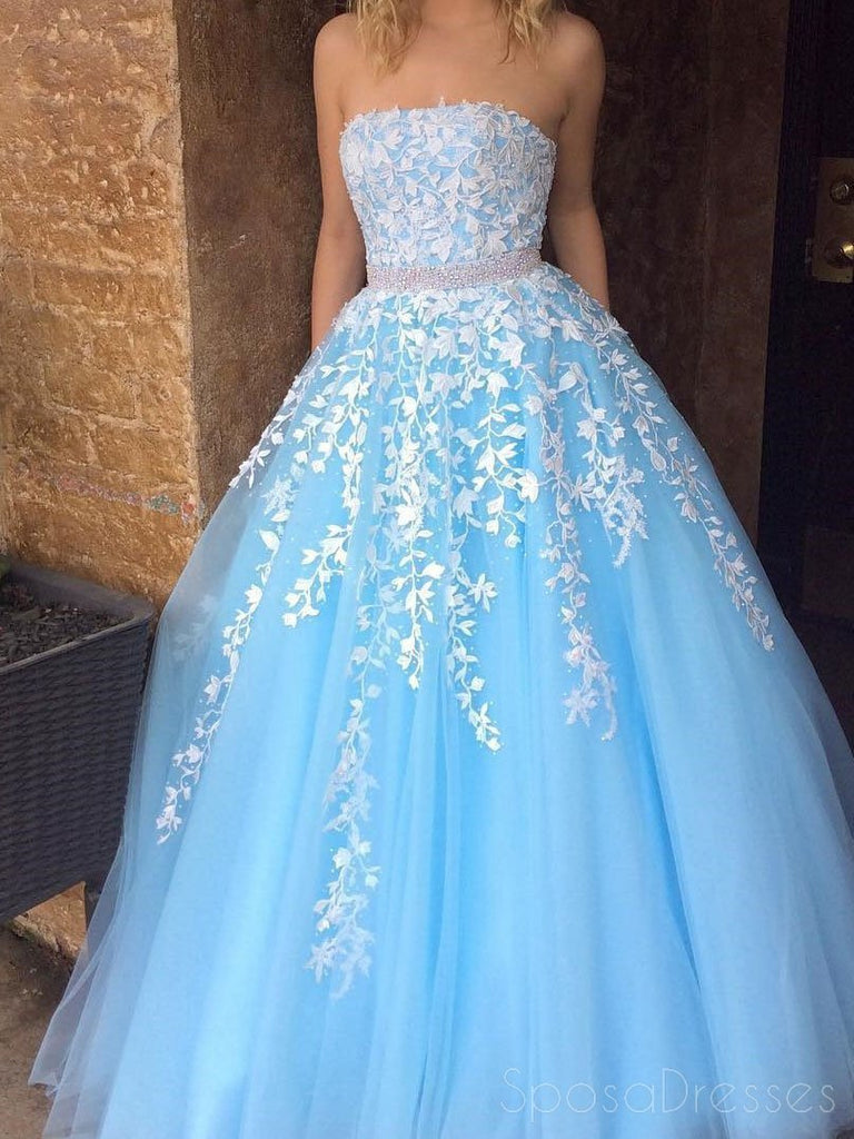 Straight Lace Beaded Blue A-line Long Evening Prom Dresses, Cheap Sweet 16 Dresses, 18378