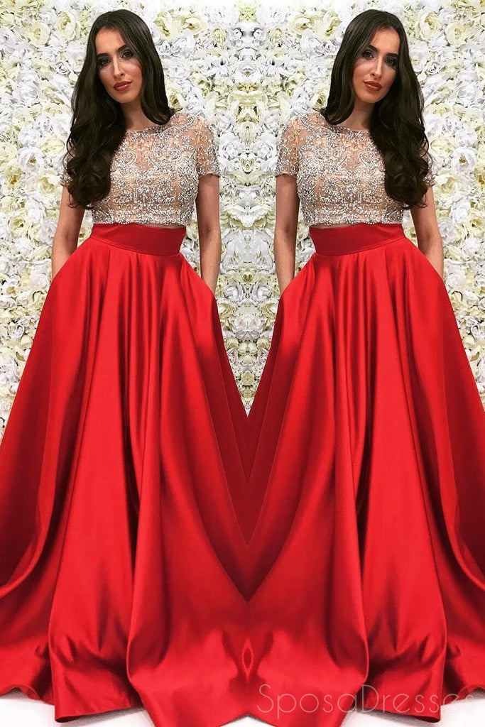 Short Sleeve Gold Beaded A line Black Long Evening Prom Dresses, 17653