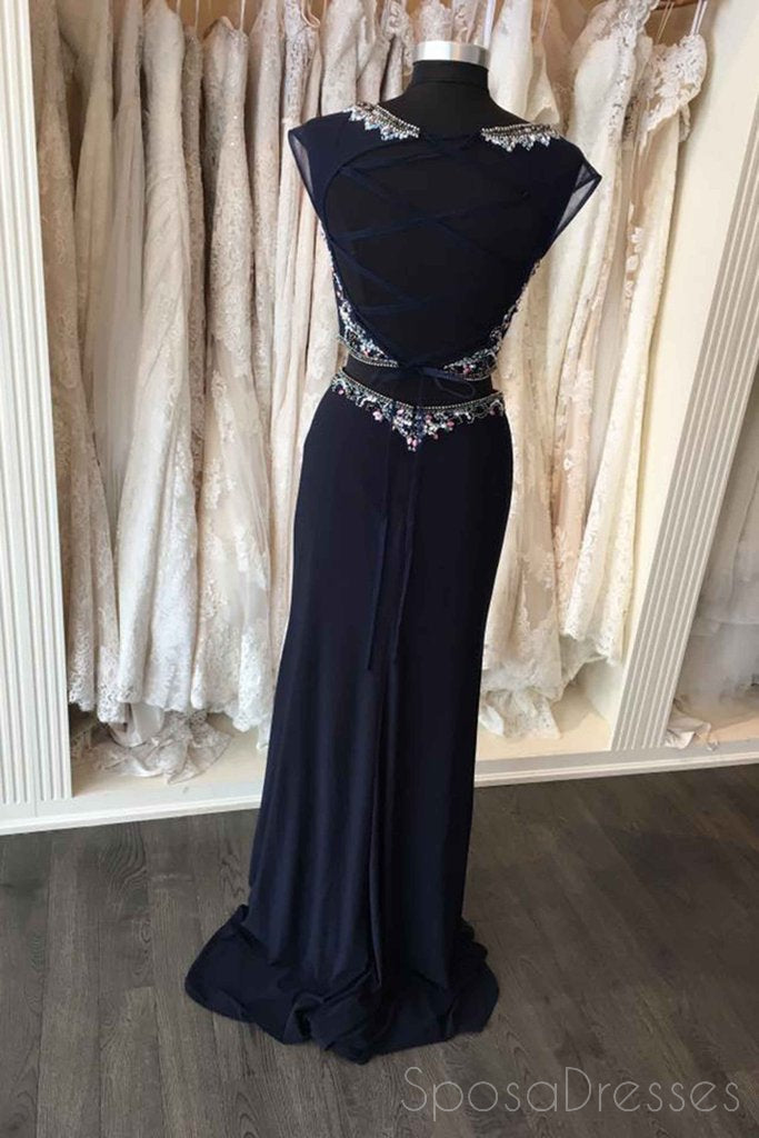 Two Pieces Open Back Navy Beaded Mermaid Long Evening Prom Dresses, 17663