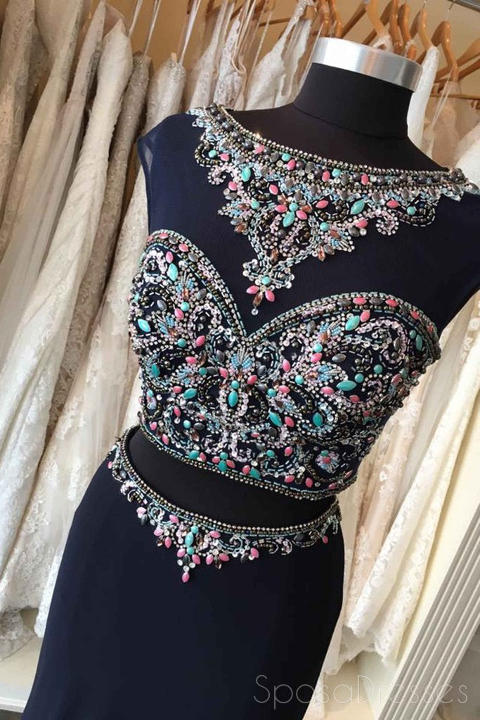 Two Pieces Open Back Navy Beaded Mermaid Long Evening Prom Dresses, 17663