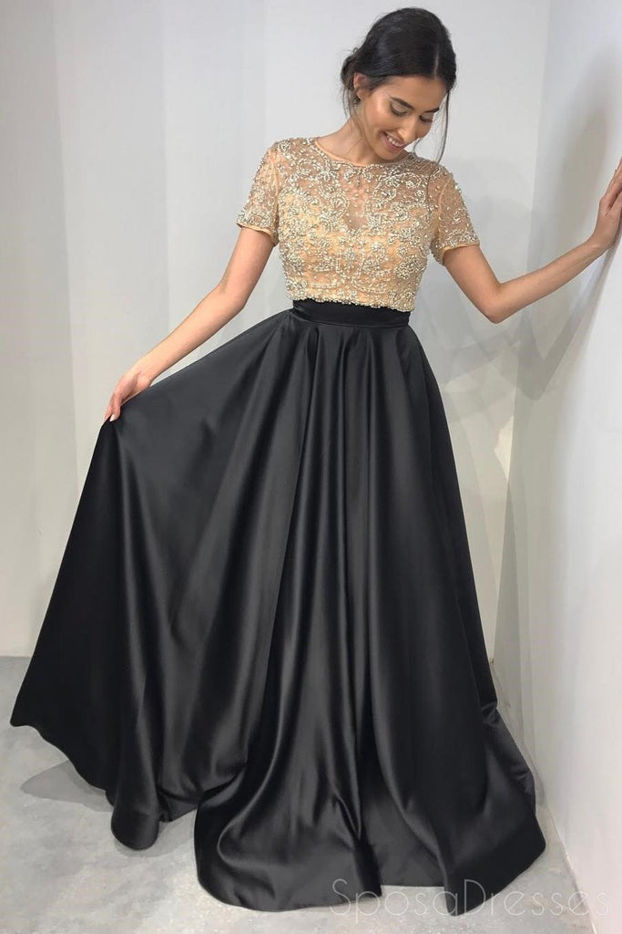 Short Sleeve Gold Beaded A line Black Long Evening Prom Dresses, 17653