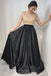 Short Sleeve Gold Beaded A line Black Long Evening Prom Dresses, 17653