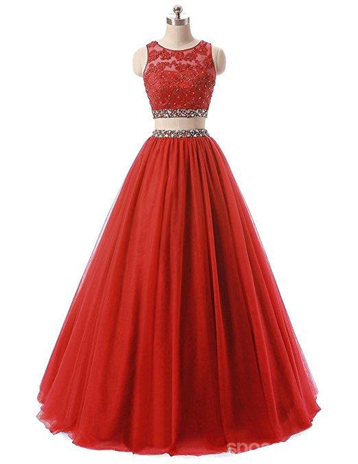 Red Two Pieces Rhinestone Tulle A-line Long Evening Prom Dresses, 17668