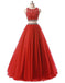 Red Two Pieces Rhinestone Tulle A-line Long Evening Prom Dresses, 17668