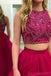 Two Pieces Heavily Beaded Ruffle Hot Pink A line Long Evening Prom Dresses, 17654