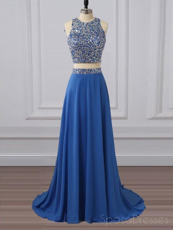 Two Pieces Rhinestone Beaded Chiffon Blue Long Evening Prom Dresses, 17655