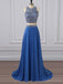 Two Pieces Rhinestone Beaded Chiffon Blue Long Evening Prom Dresses, 17655