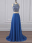 Two Pieces Rhinestone Beaded Chiffon Blue Long Evening Prom Dresses, 17655