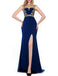 Royal Blue Gold Beaded Side Slit Mermaid Long Evening Prom Dresses, 17677