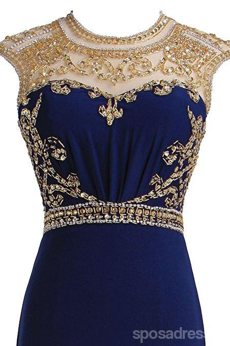 Royal Blue Gold Beaded Side Slit Mermaid Long Evening Prom Dresses, 17677