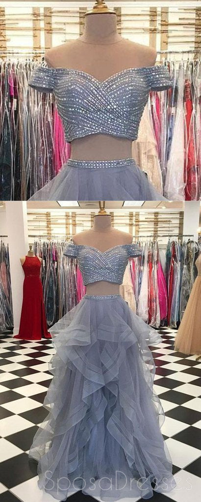 Two Pieces Off Shoulder Grey Beaded Custom Long Evening Prom Dresses, 17712