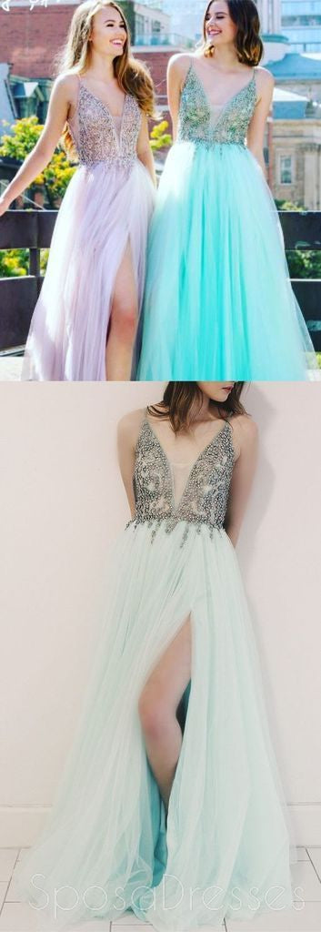 V Neck Side Slit Rhinestone Beaded Long Evening Prom Dresses, 17684