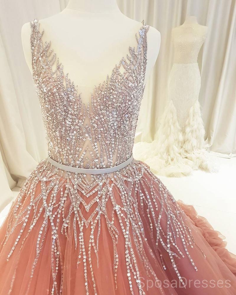 V Neck Sparkly Tulle A-line Peach Long Evening Prom Dresses, Cheap Custom Sweet 16 Dresses, 18506