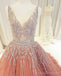 V Neck Sparkly Tulle A-line Peach Long Evening Prom Dresses, Cheap Custom Sweet 16 Dresses, 18506