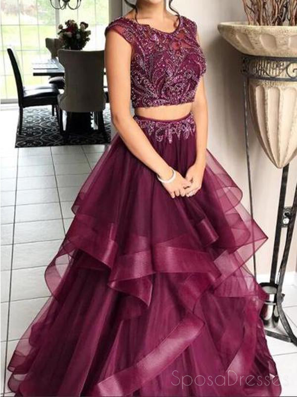 Purple Two Pieces Maroon Bateau A-line Long Evening Prom Dresses, 17560