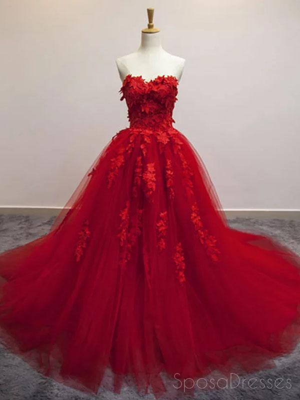 Bright Red Ball Gown Lace Cheap Long Evening Prom Dresses, Cheap Custom Sweet 16 Dresses, 18520