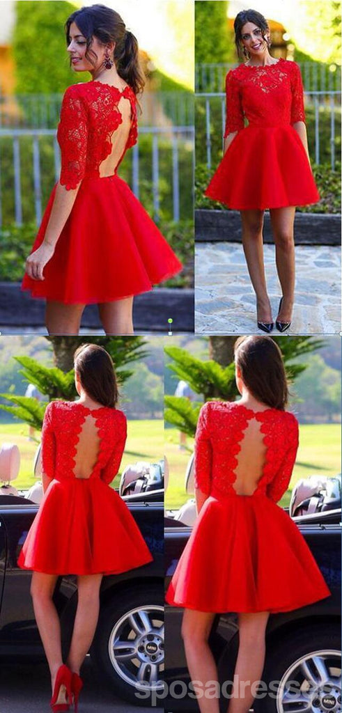 Red Sexy Long sleeve open back lace homecoming prom dresses, Sweet 16 Dresses, CM0002