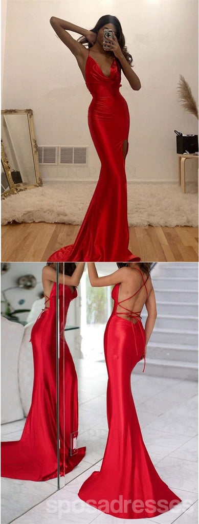 Red Mermaid Spaghetti Straps V-Neck Backless Long Prom Dresses Online,12627