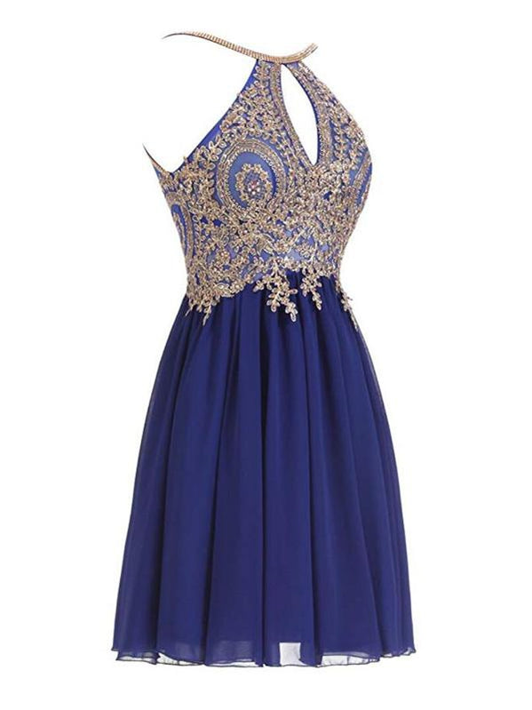 Halter Gold Lace Beaded Chiffon Short Cheap Homecoming Dresses Online, CM730