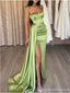 Simple Sage Mermaid Spaghetti Straps High Slit Cheap Long Prom Dresses,12966