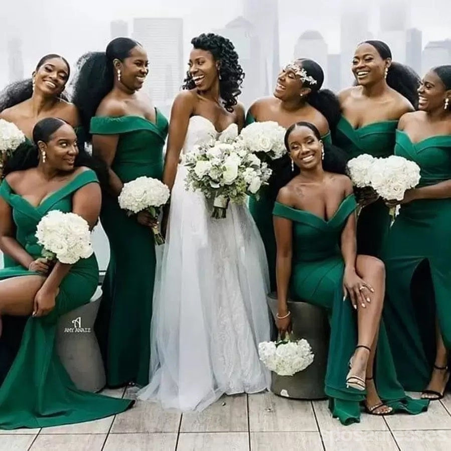 Green Mermaid Off Shoulder Side Slit Cheap Long Bridesmaid Dresses Online,WG1245