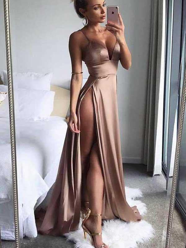 Simple Sexy Side Slit V Neck Affordable Long Evening Prom Dresses, 17457