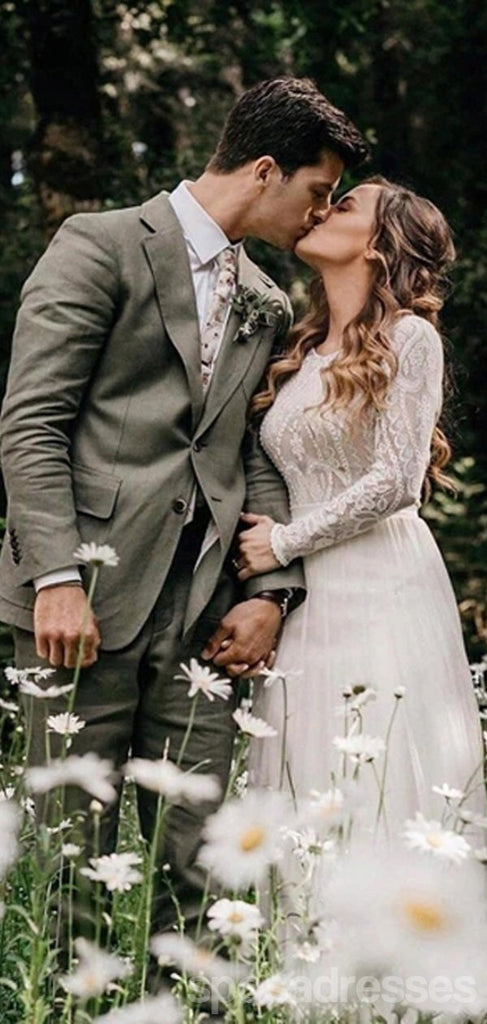 Simple A-line Long Sleeves Backless Handmade Lace Wedding Dresses,WD750