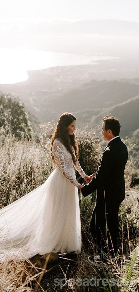 Simple Long Sleeves A-line V-neck Backless Lace Wedding Dresses,WD743