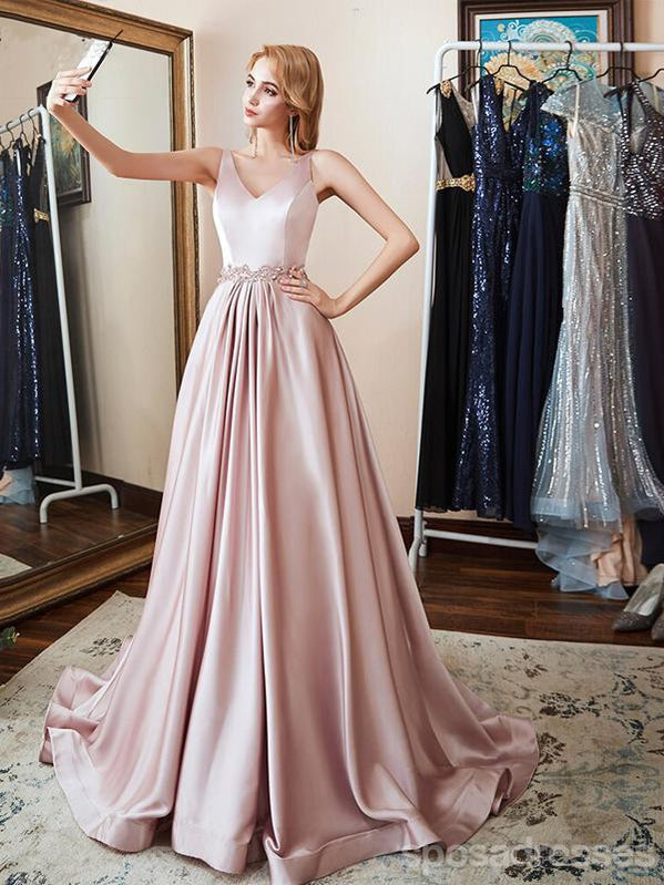 Simple A-line Pink Straps V-neck Long Party Prom Dresses Online,Dance Dresses,12557
