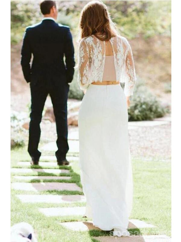 Simple Two Pieces Long Sleeves Open Back Lace Wedding Dresses,WD778