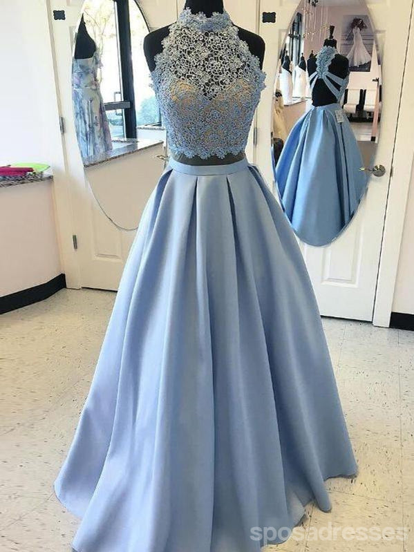 Sky Blue A-line Halter Two Pieces Cheap Long Prom Dresses Online,12620