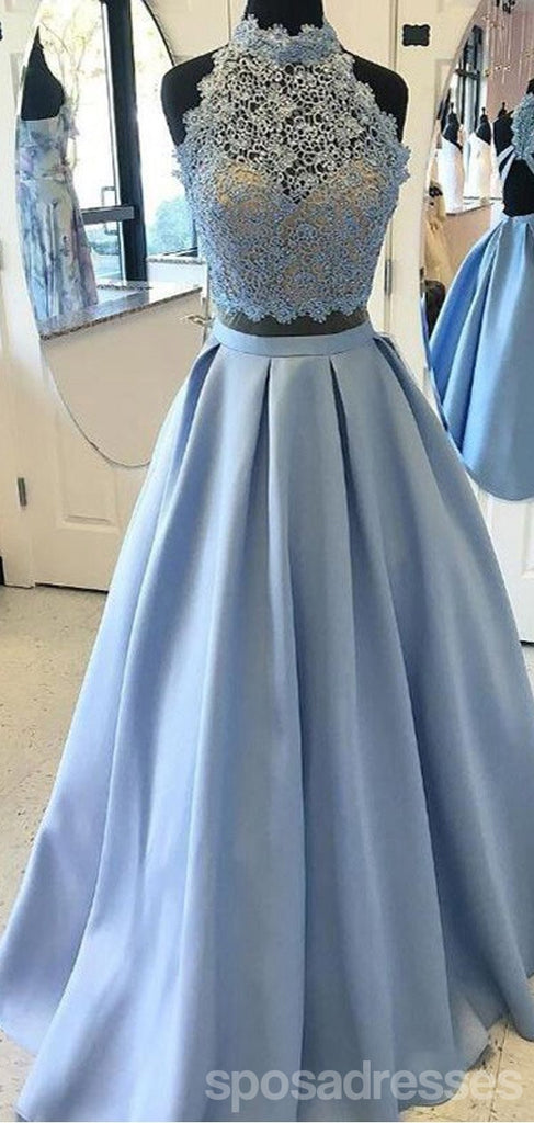 Sky Blue A-line Halter Two Pieces Cheap Long Prom Dresses Online,12620