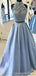 Sky Blue A-line Halter Two Pieces Cheap Long Prom Dresses Online,12620